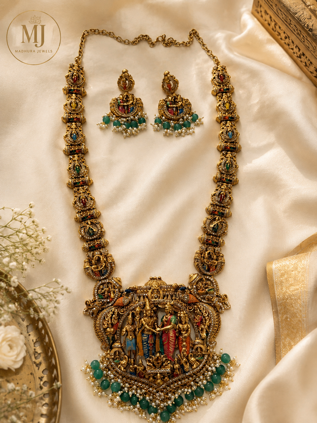 Divine Sreenivasa kalyanam Antique Colorful Necklace Set with Green Beads