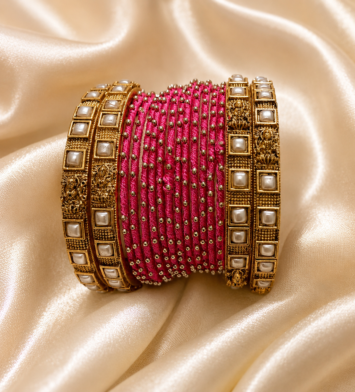 Pink Thread-Style Pearl Bangles