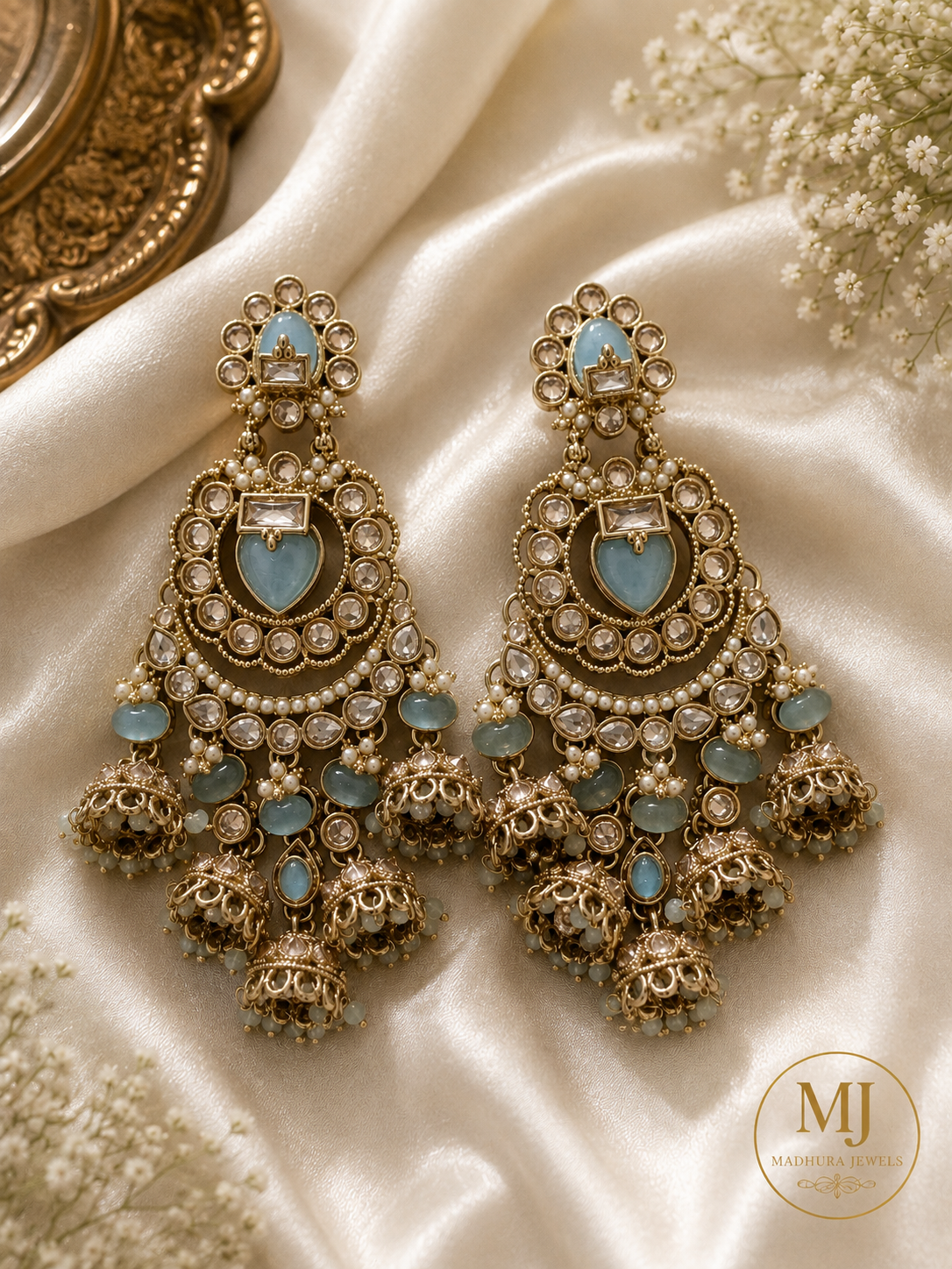 Aqua Blue Kundan Jhumka Earrings