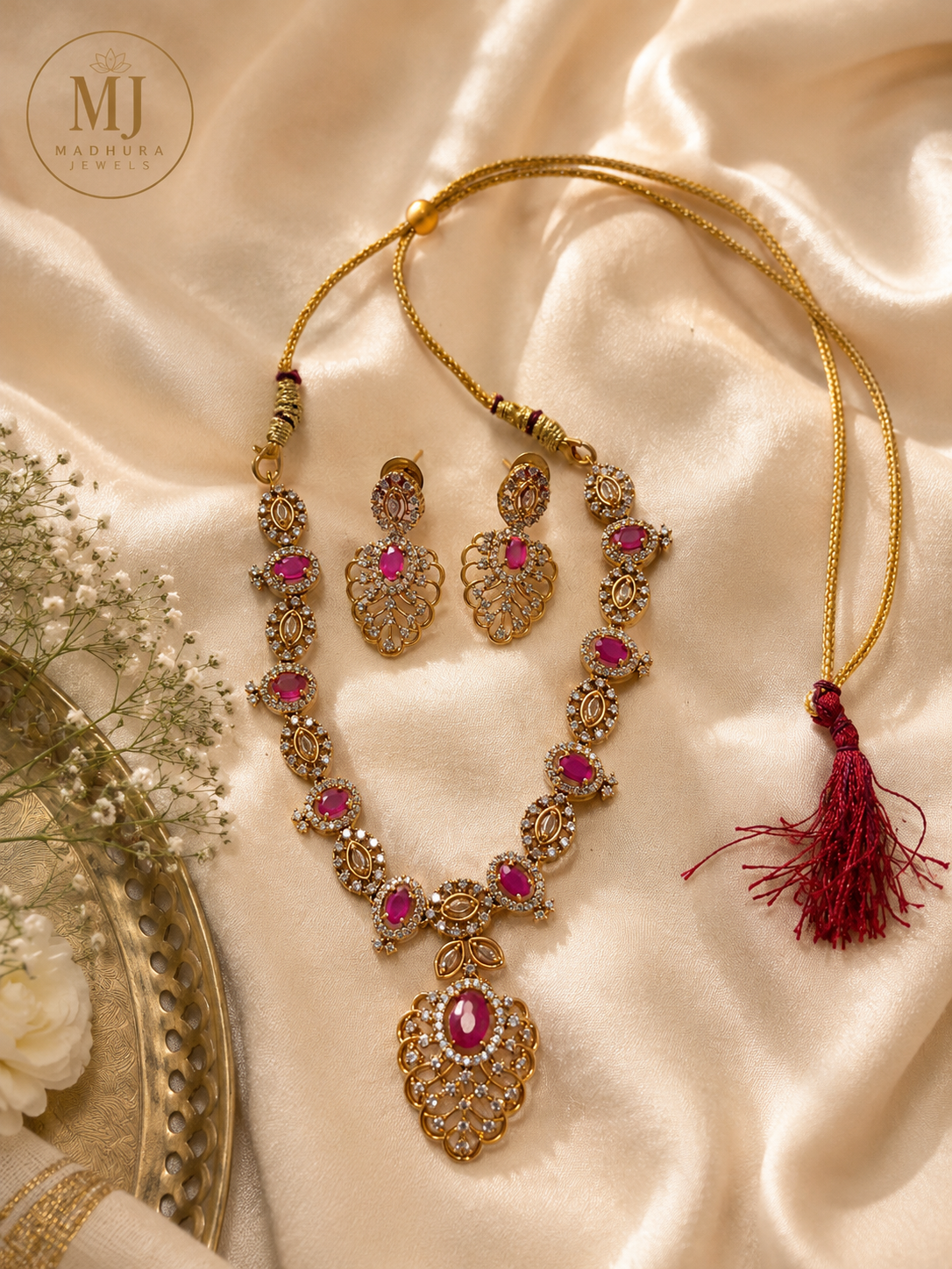 Gold Floral Necklace Set with Maroon Accents