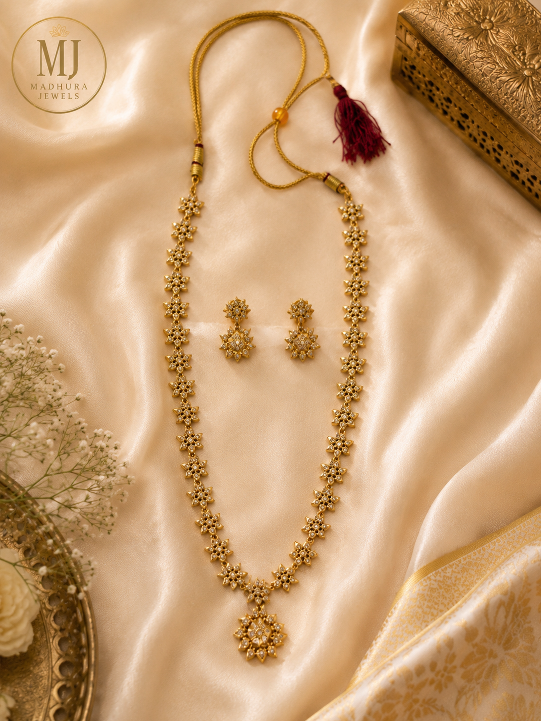 Gold Floral Necklace Set with White Stones