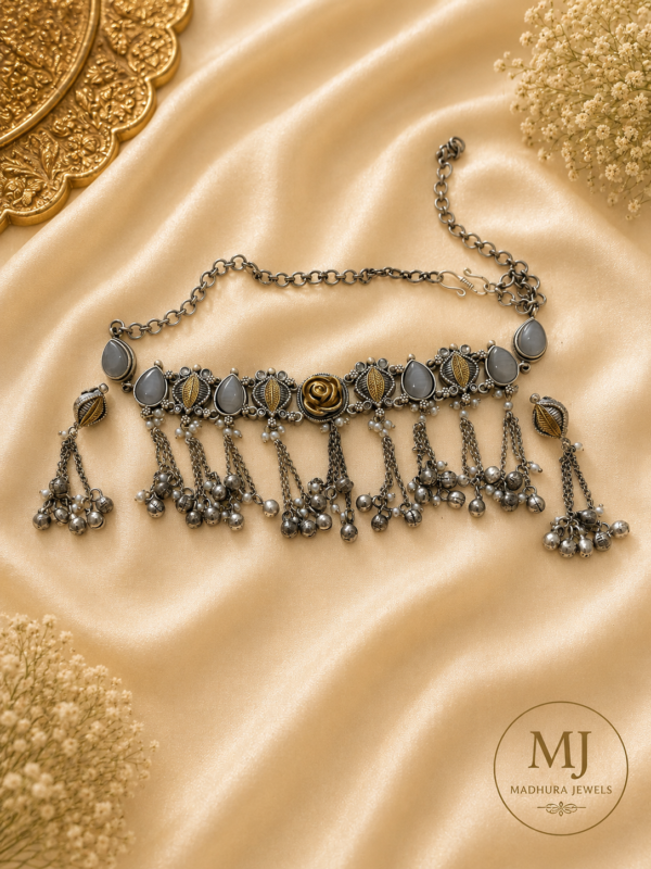 Oxidized Silver Statement Choker with Hanging Chains
