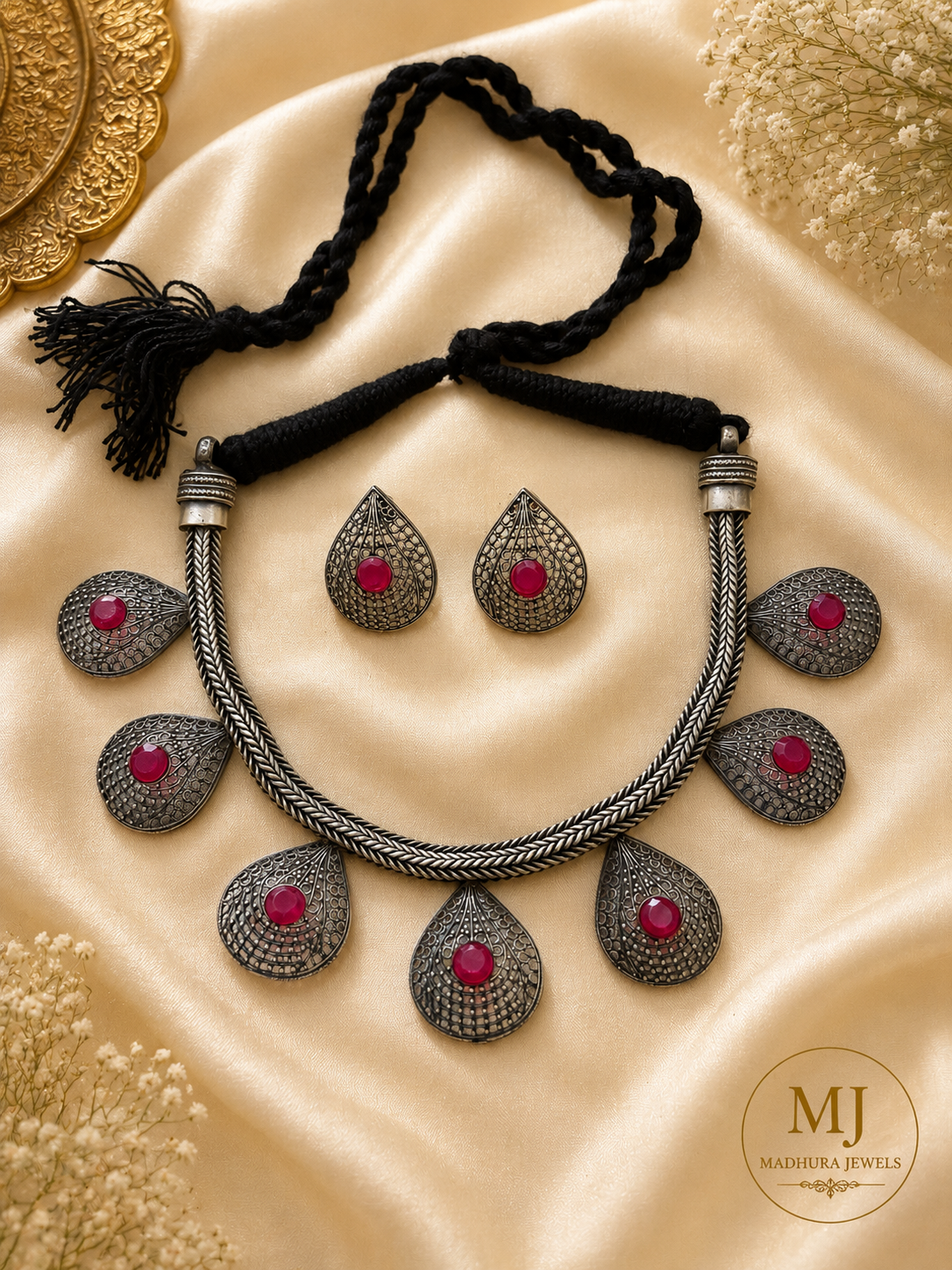 Oxidized Silver & Ruby Bead Necklace Set