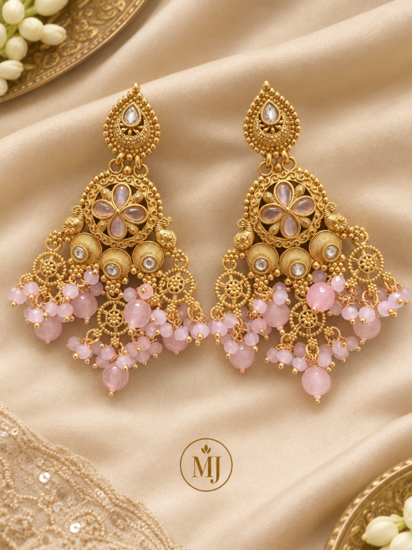 Gold-Tone Floral & Pink Stone Chandelier Earrings