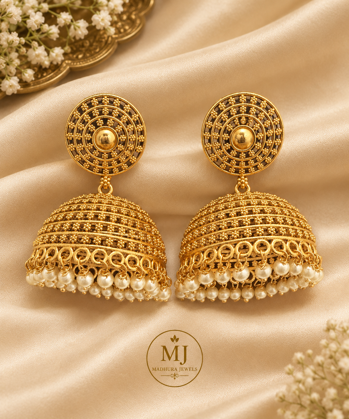 Gold Filigree Pearl Jhumka Earrings
