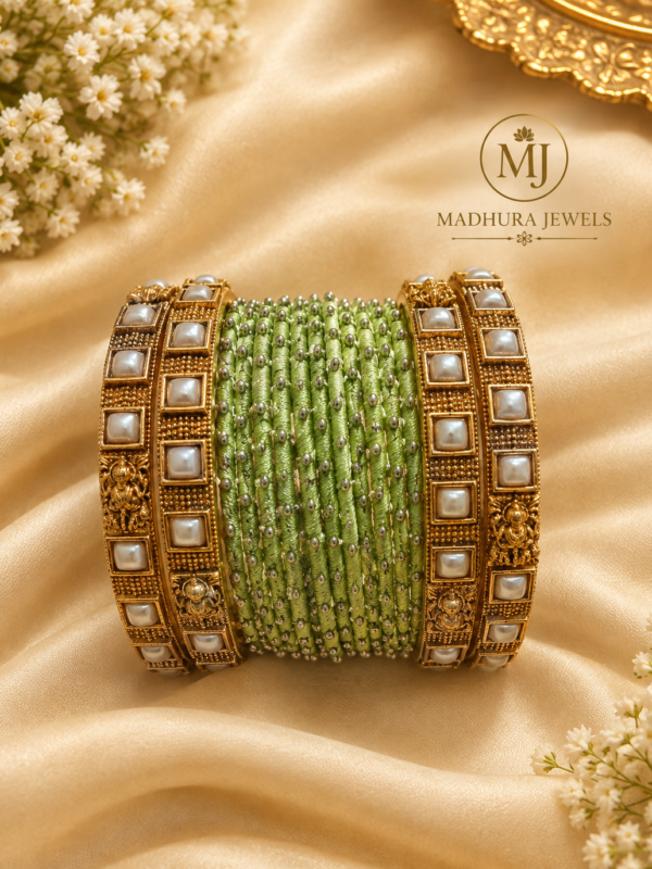Green Silk Thread & Antique Gold Bangle Set